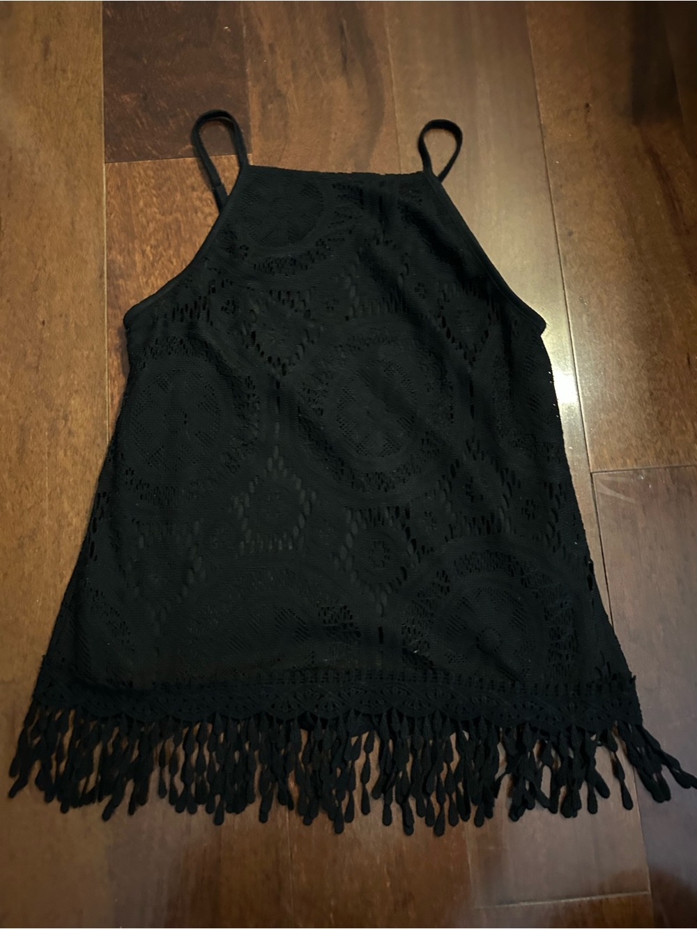 Xhilaration Women’s XS Black Fringe Lacey Rave Festival Coastal Cowgirl Tank Top